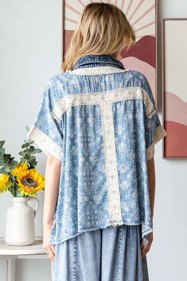 OLI AND HALI WASHED CROCHET PATCHWORK BUTTON DOWN SHIRT