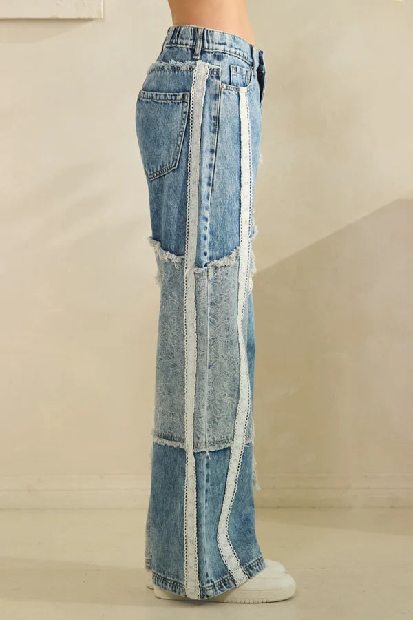 Washed Patchwork Denim Wide Leg Jeans - Side View