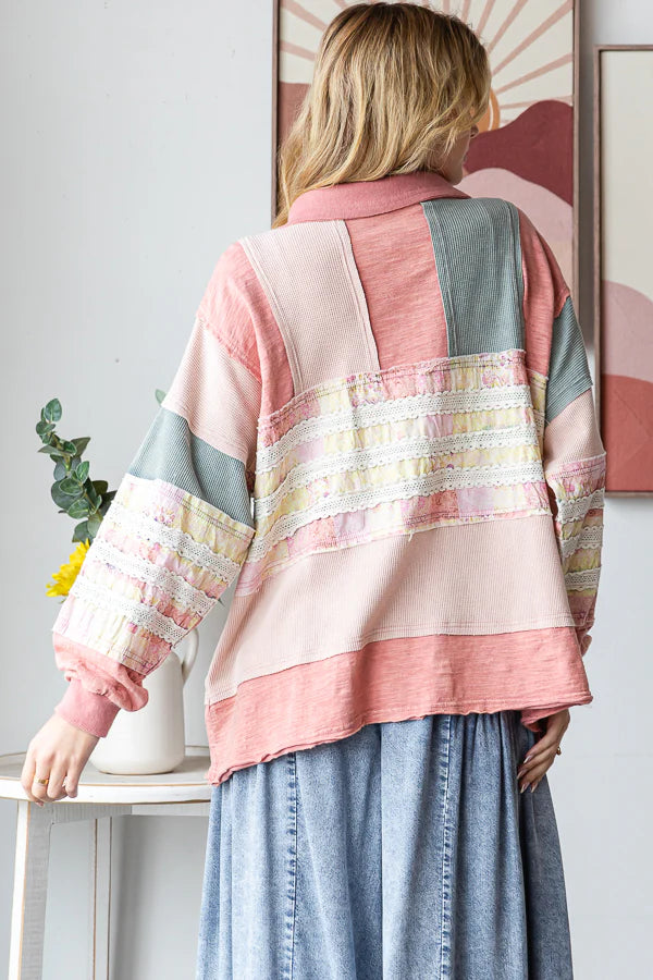 OLI AND HALI  WASHED MIXED FABRIC BUTTON COLLAR LONG SLEEVE TOP