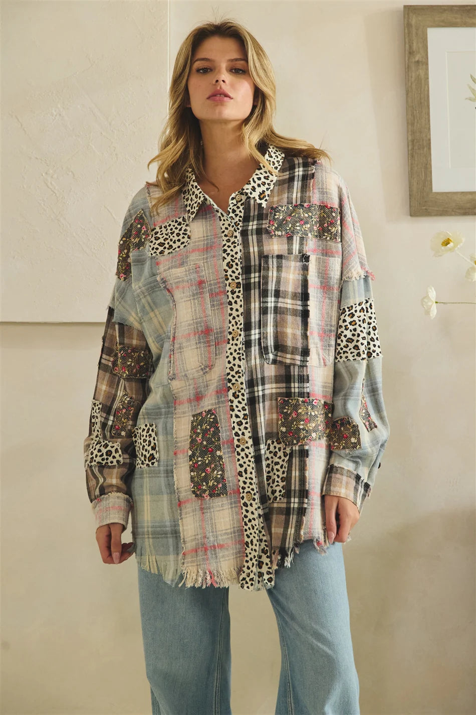 Oli and Hali Washed Leopard Floral Patch Mix Button Down Shirt - Front view