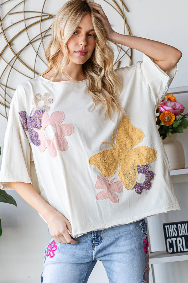 OLI AND HALI WASHED FLOWER BUTTERFLY PATCHWORK SHORT SLEEVE TOP