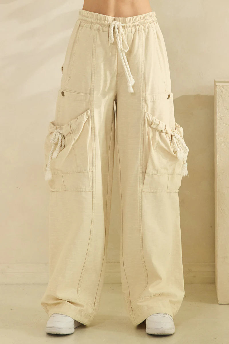 OLI AND HALI WASHED ELASTIC WAIST STRING POINT BIG POCKET PANTS