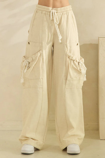 OLI AND HALI WASHED ELASTIC WAIST STRING POINT BIG POCKET PANTS