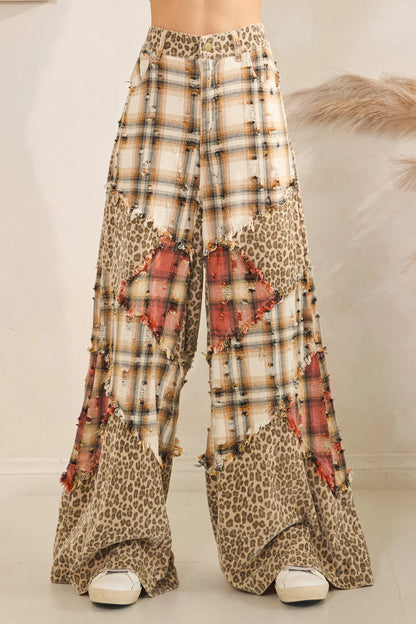 Oli and Hali WASHED PLAID LEOPARD DETAILED PANTS