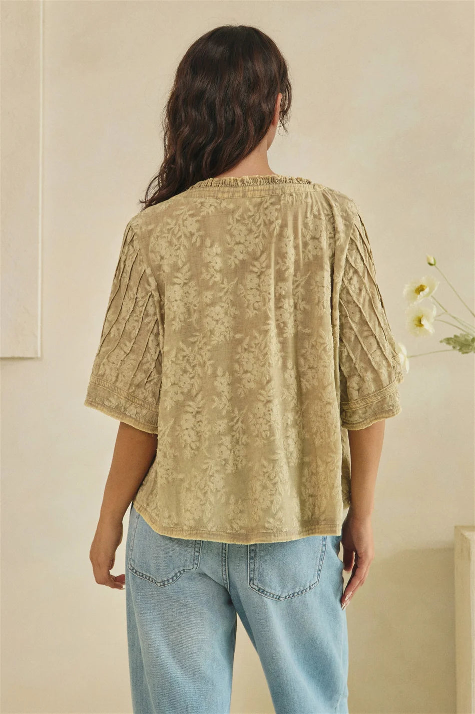 Oli and Hali Washed Vintage Metallic Studs V Neck Top in Taupe - Back view