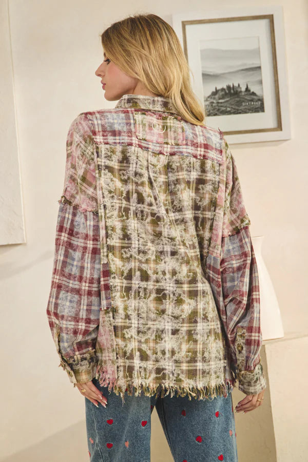 OLI AND HALI WASHED PLAID MIXED BUTTON DOWN FRAYED HEM SHIRT