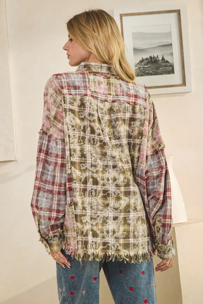 OLI AND HALI WASHED PLAID MIXED BUTTON DOWN FRAYED HEM SHIRT