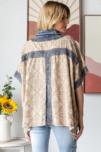 OLI AND HALI WASHED CROCHET PATCHWORK BUTTON DOWN SHIRT