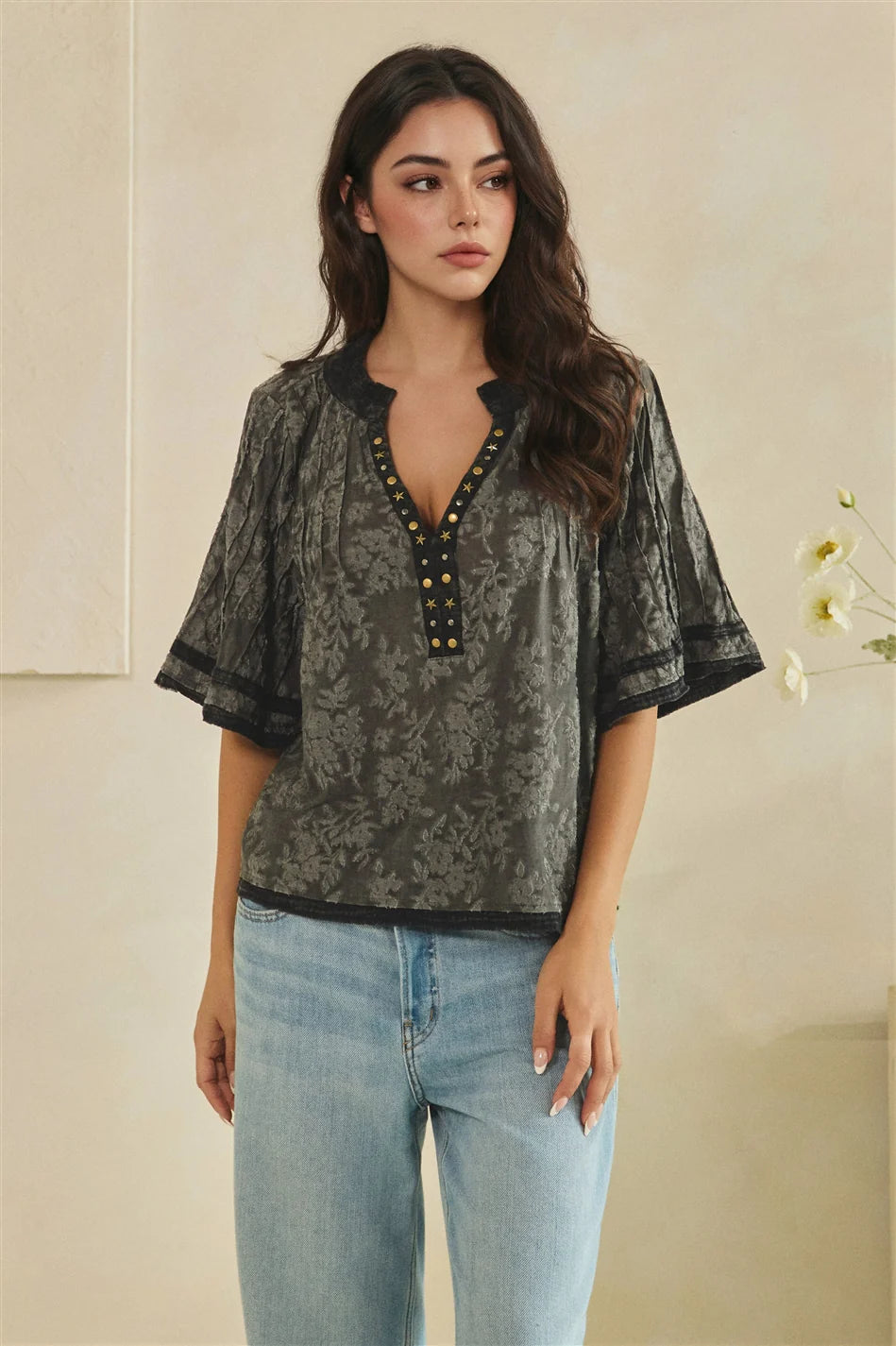 Oli and Hali Washed Vintage Metallic Studs V Neck Top in Black - Back view