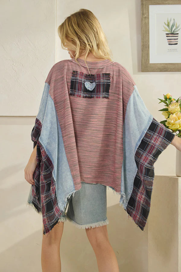 OLI AND  HALI LOVE PATCHWORK DETAIL MIXED FABRIC TOP