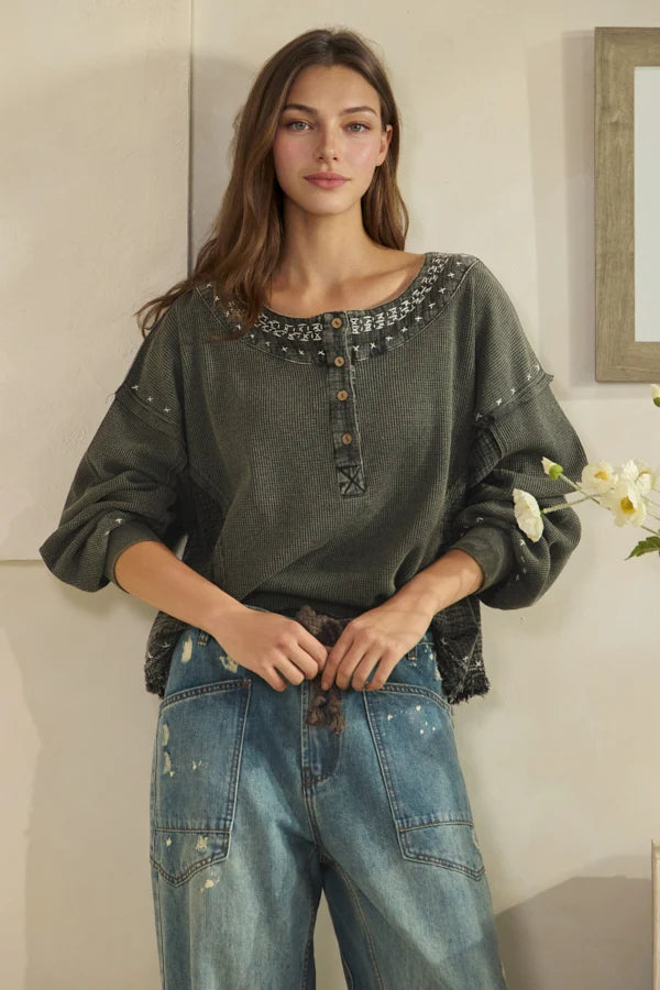 OLI AND HALI WASHED X STITCH DETAIL FABRIC MIX LONG SLEEVE TOP