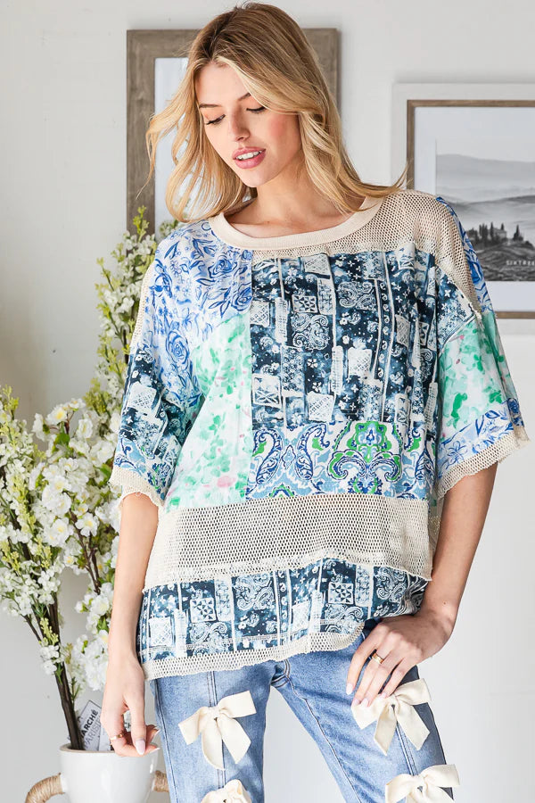Oli & Hali Mixed Print Mesh Contrast Relax Top