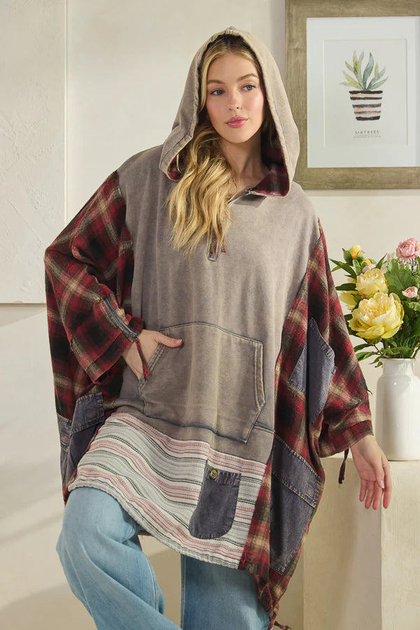OLI AND HALI WASHED MIXED FABRIC HALF ZIP HOODED PULLOVER TOP