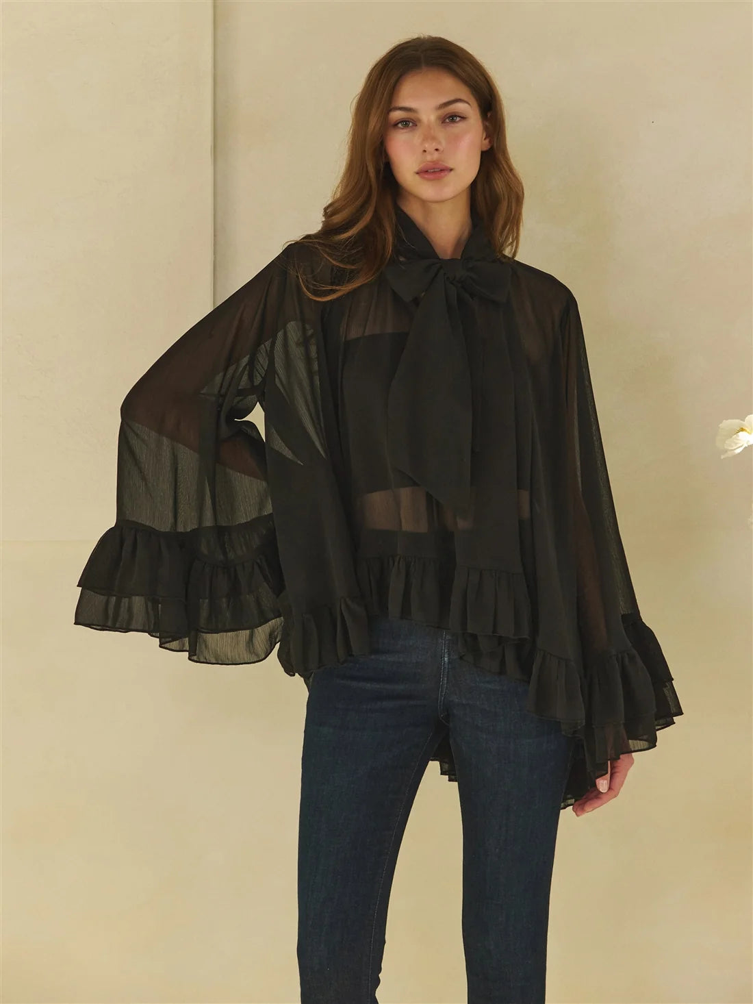 Oli and Hali Sheer Tie Neck Ruffle Blouse
