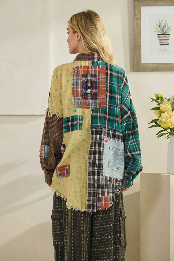 OLI AND HALI COLORBLOCK PATCHWORK PLAID BUTTON DOWN SHIRT