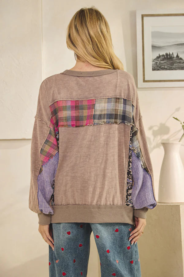 OLI AND HALI WASHED FABRIC MIX DETAILED LONG SLEEVE TOP