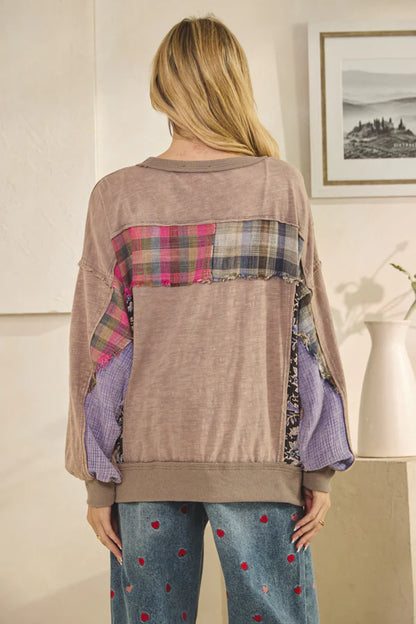 OLI AND HALI WASHED FABRIC MIX DETAILED LONG SLEEVE TOP