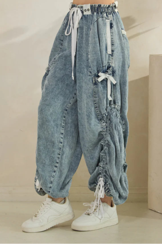 OLI AND HALI WASHED DRAWSTRING CINCHED WIDE LEG PANTS