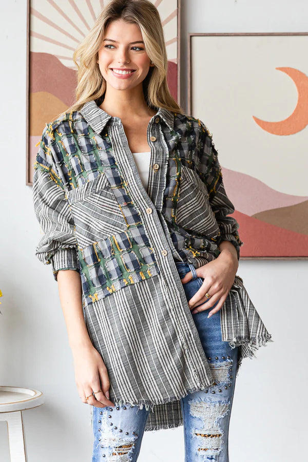 OLI AND HALI WASHED PLAID DISTRESSED DETAIL BUTTON DOWN SHIRT