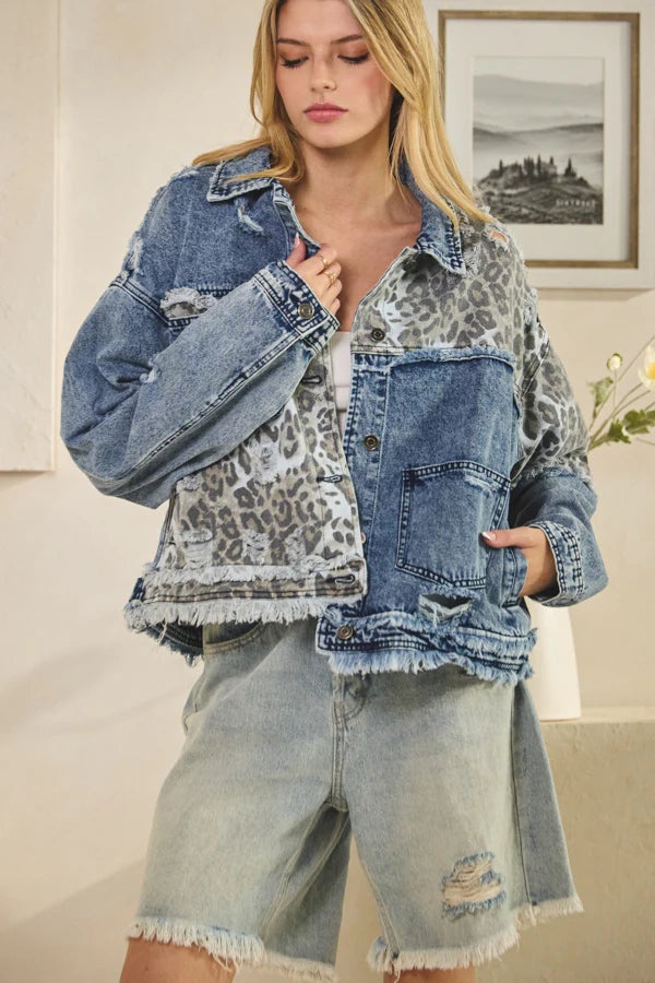 OLI AND HALI WASHED  LEOPARD CONTRAST DENUM JACKET