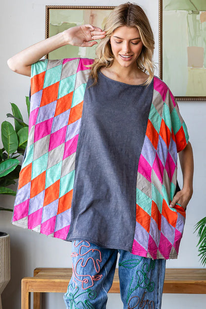 OLI AND HALI WASHED MULTICOLOR GEO PATCHWORK OVERSIZED TOP