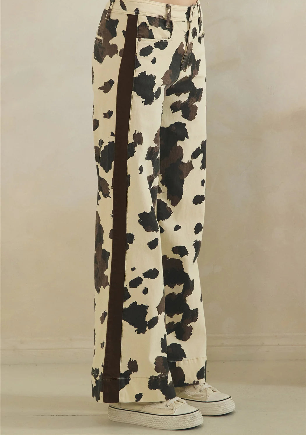 Oli and Hali Cow Print Detail Wide Leg Jeans - Side view showing stripe detail