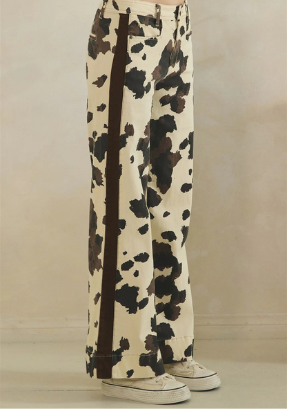 Oli and Hali Cow Print Detail Wide Leg Jeans - Side view showing stripe detail