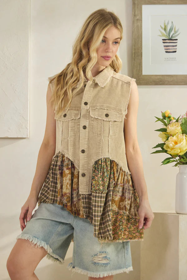 OLI AND HALI WASHED FLANNEL RUFFLE HEM CORDUROY SLEEVELESS VEST