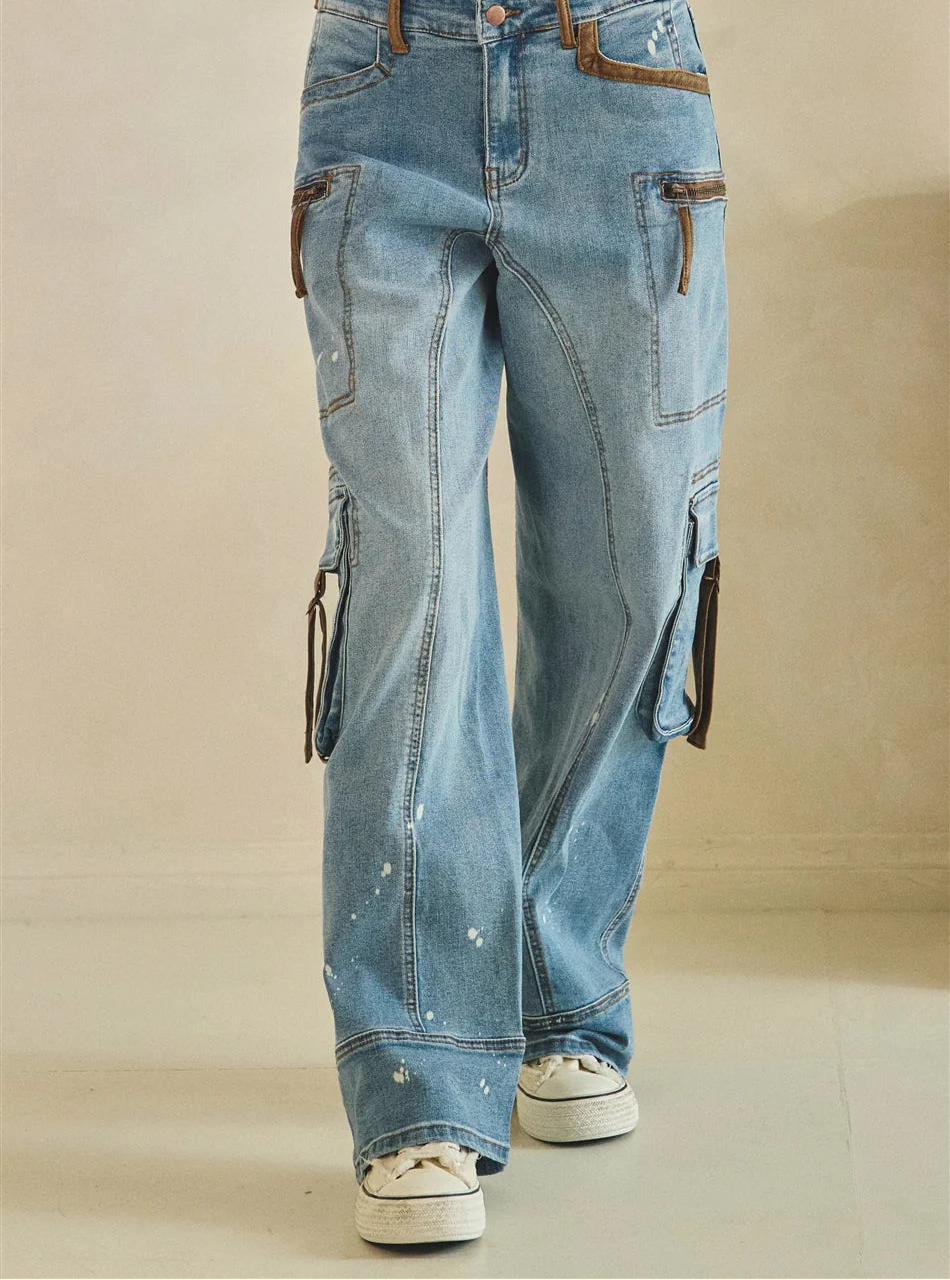Oli and Hali Washed Paint Splattered Suede Trim Cargo Jeans - Front view
