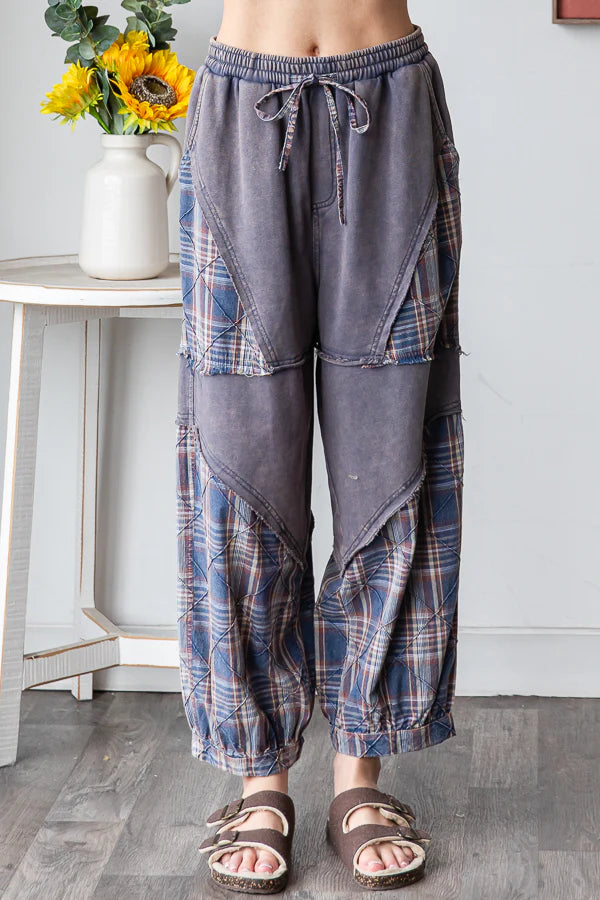 OLI AND HALI WASHED PLAID MIXED TERRY QUILTING DETAIL PANTS