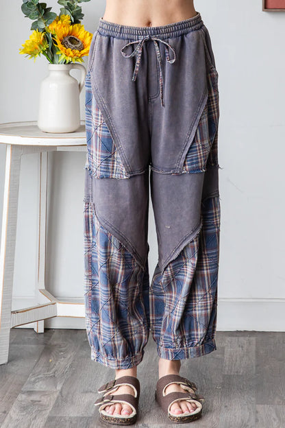 OLI AND HALI WASHED PLAID MIXED TERRY QUILTING DETAIL PANTS