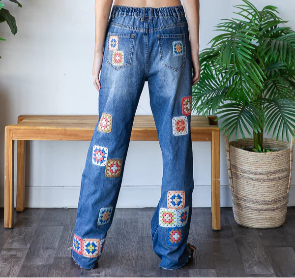 OLI AND HALI WASHED SQUARE CROCHET PATCHWORK DENIM JEANS