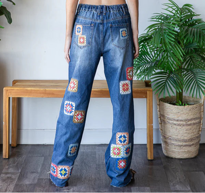 OLI AND HALI WASHED SQUARE CROCHET PATCHWORK DENIM JEANS