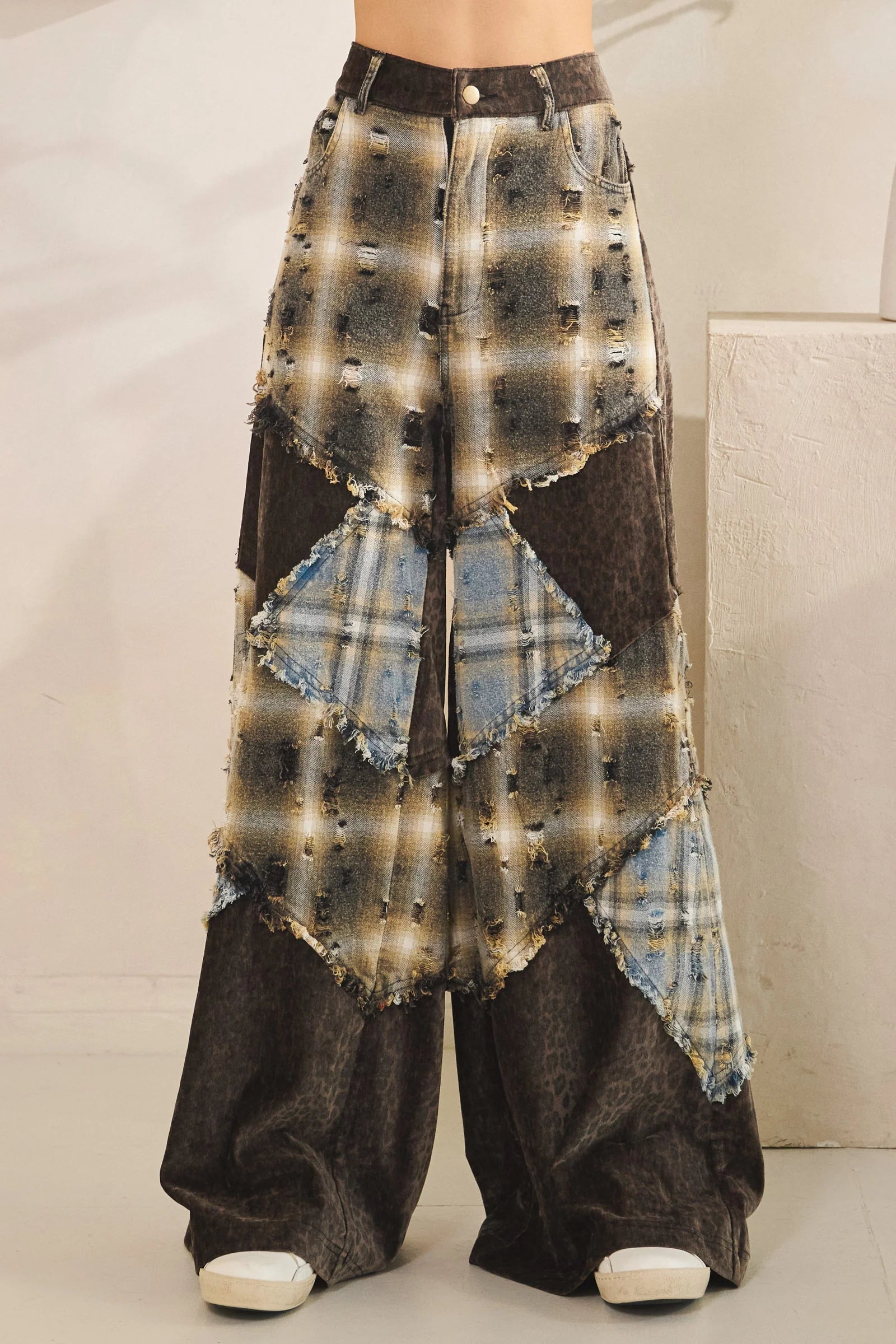 Oli and Hali WASHED PLAID LEOPARD DETAILED PANTS
