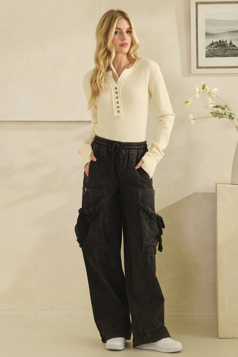 OLI AND HALI WASHED ELASTIC WAIST STRING POINT BIG POCKET PANTS