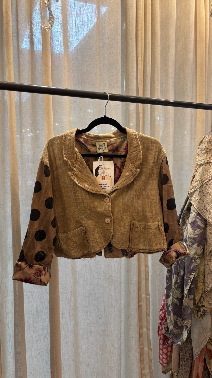 Jaded Gypsy Painted Moon Jacket in Dot, golden brown body, dark polka dot sleeves and floral cuffs