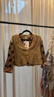 Jaded Gypsy Painted Moon Jacket in Dot, golden brown body, dark polka dot sleeves and floral cuffs