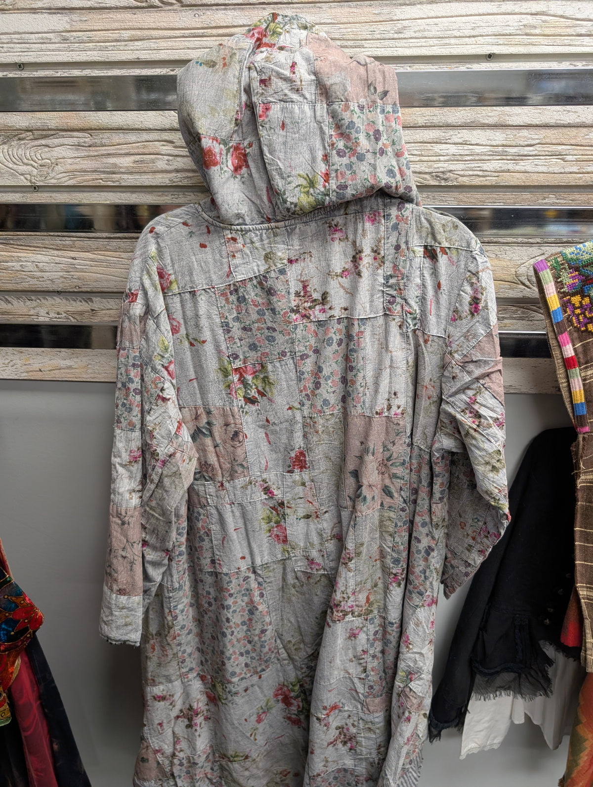 Back of Paper Lace grey floral patchwork long jacket with hood and long sleeves