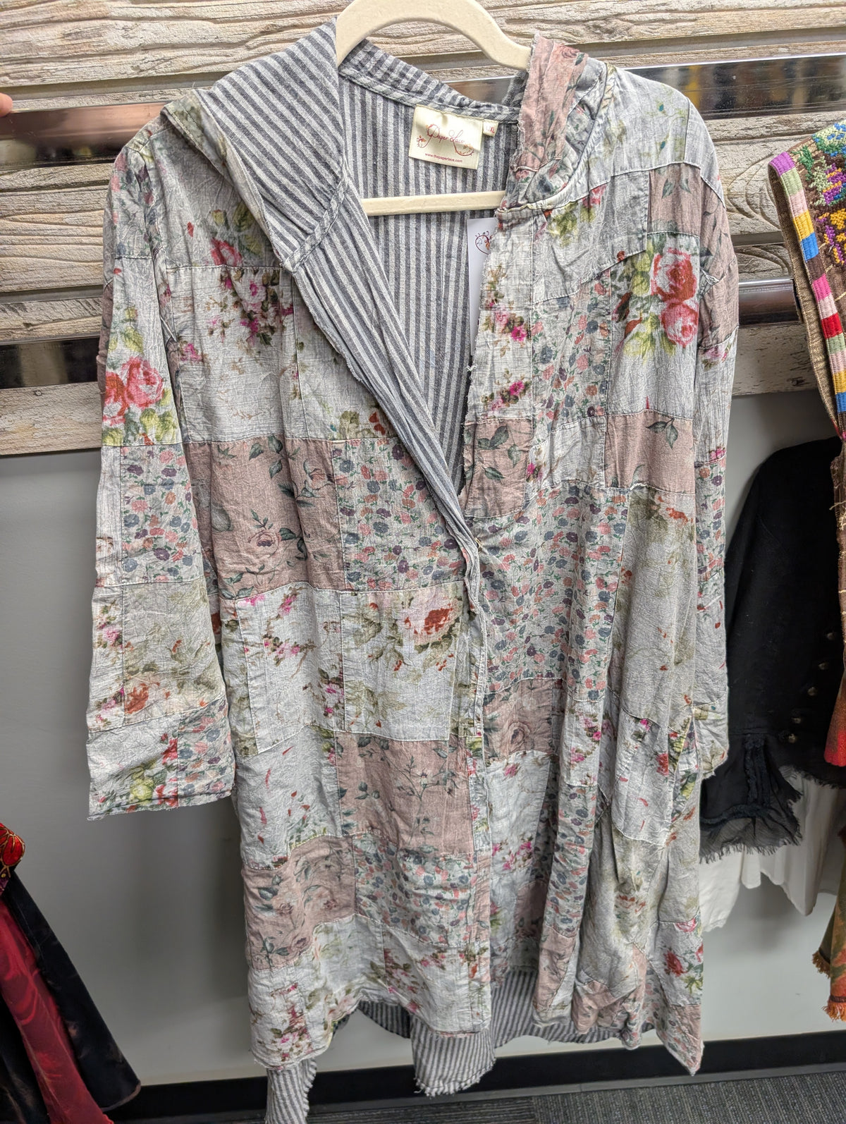 Paper Lace grey floral patchwork long hooded jacket with striped interior and front patch pockets