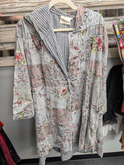 Paper Lace grey floral patchwork long hooded jacket with striped interior and front patch pockets