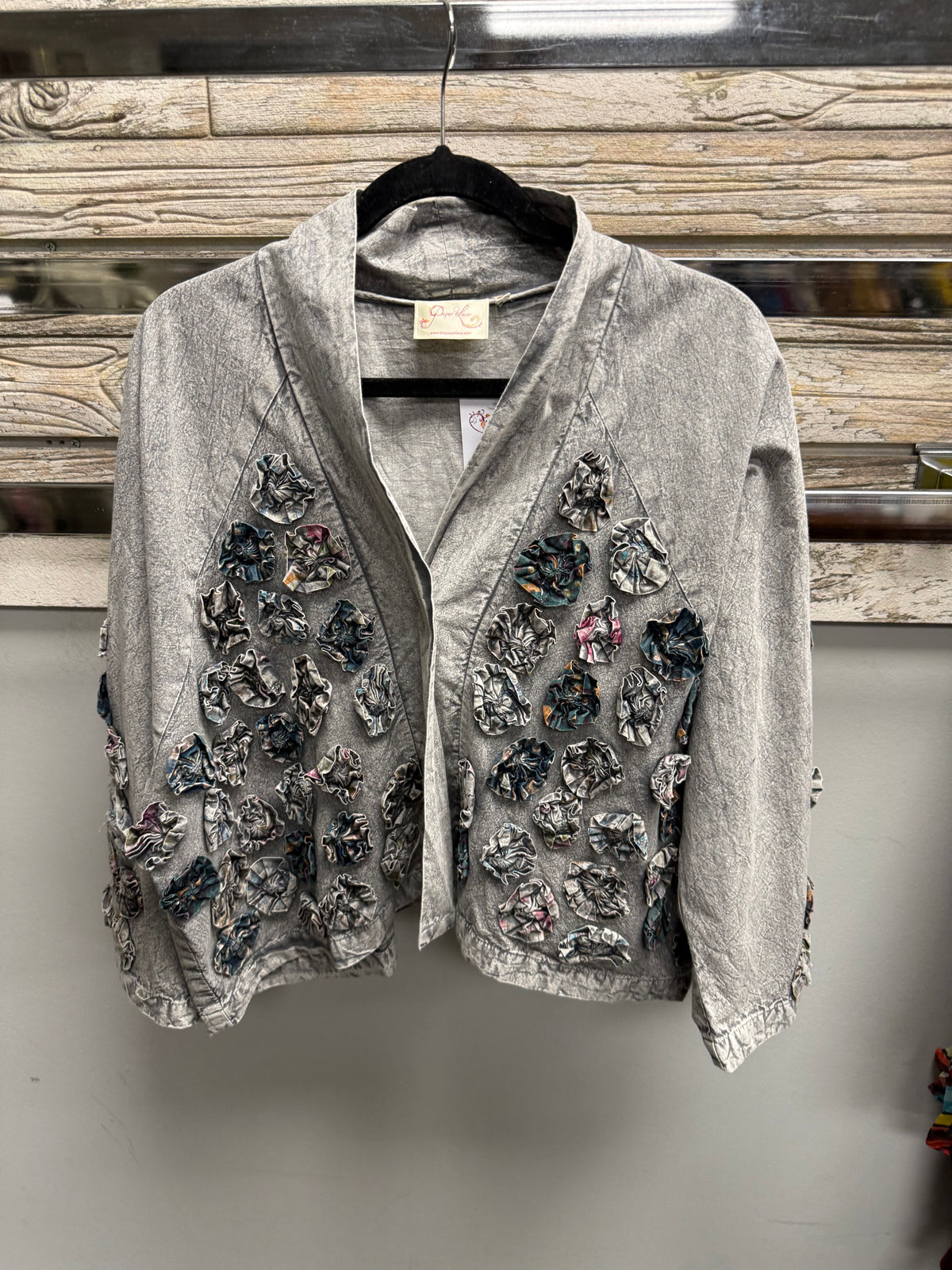 Paper Lace C-812J grey jacket with fabric rosette appliqués