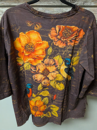 Paper Lace JC-229T brown top floral and bird print detail
