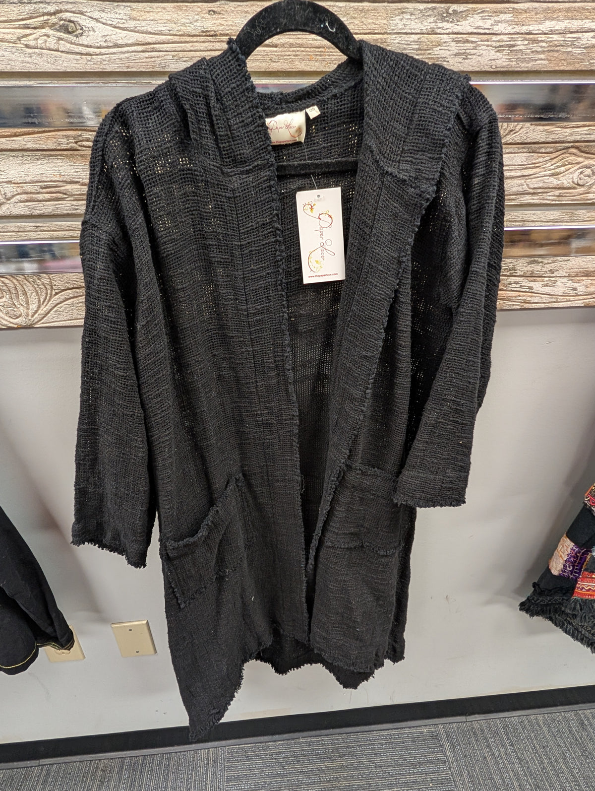 front of Paper Lace Hooded Openwork Duster PFC-71J