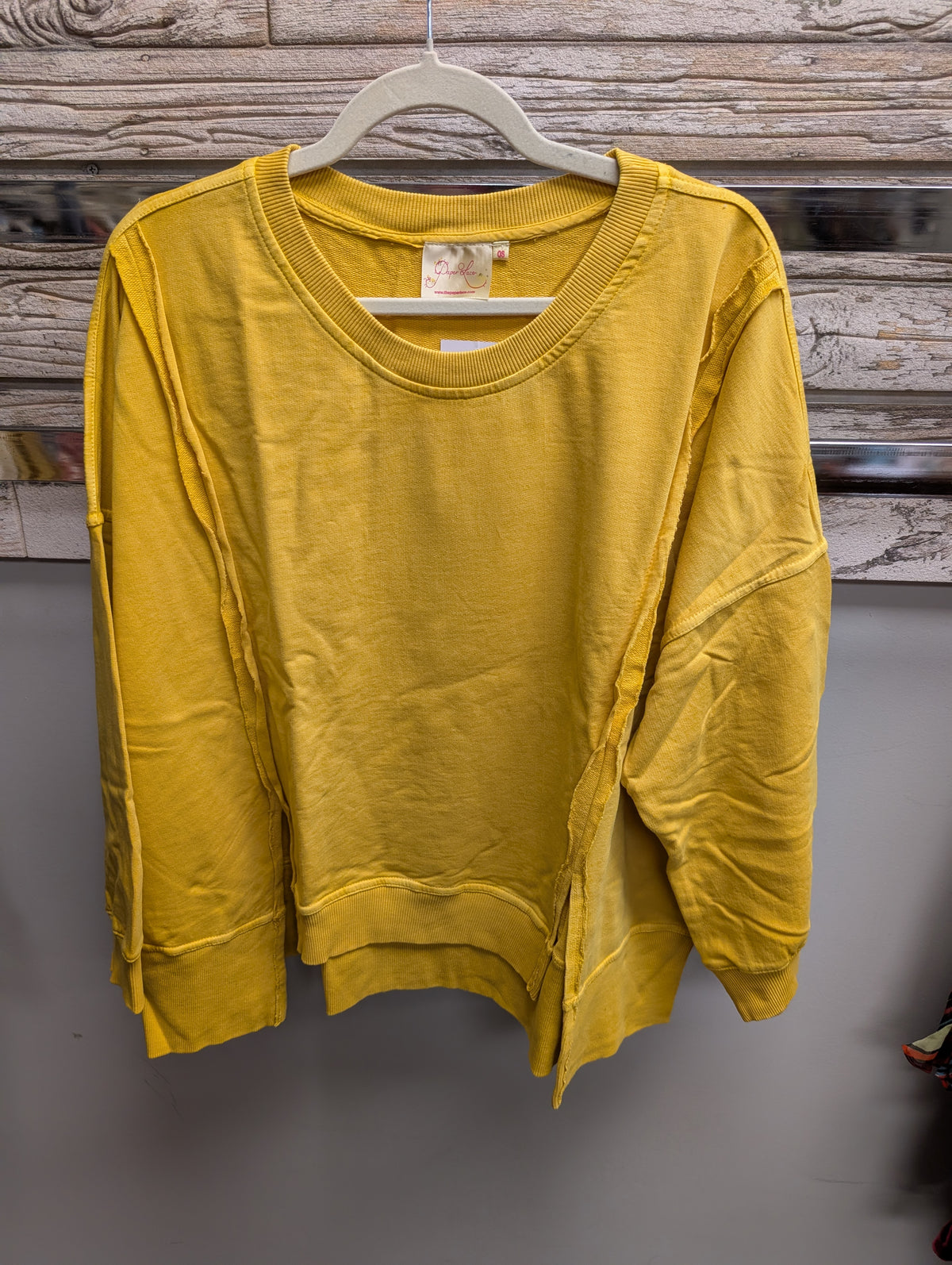 Paper Lace PL-320T exposed-seam pullover in Mustard