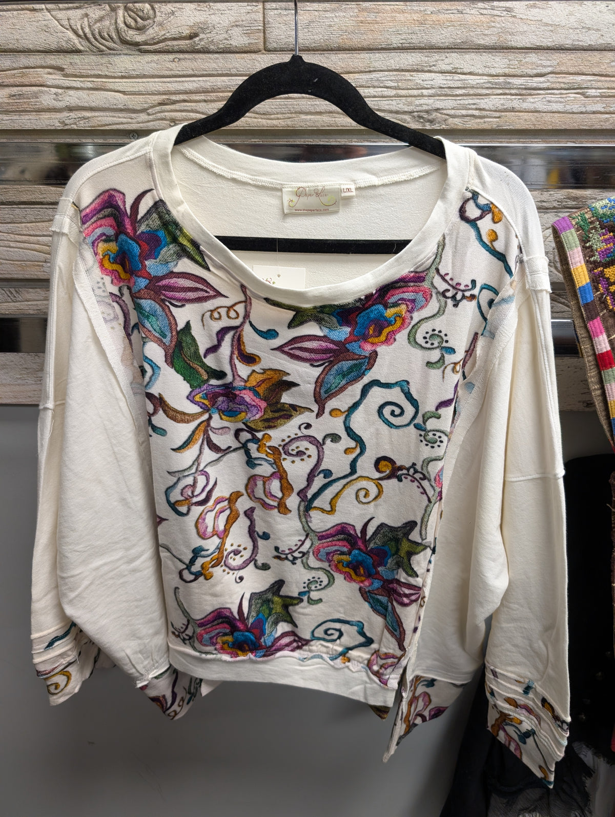 Paper Lace off white floral panel pullover with colorful flowers and scrolling vines, front