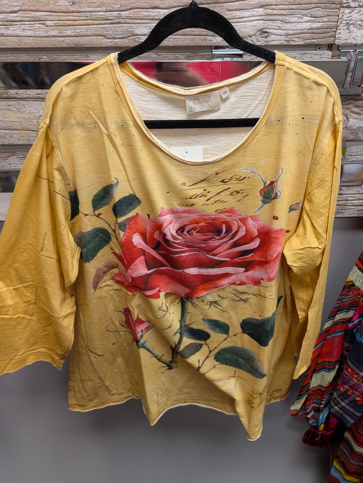 Paper Lace PL-G639T yellow scoop-neck top with large red rose print