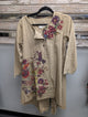 Paper Lace PL-G642J khaki jacket with floral and bird appliqué, button front, and uneven hem