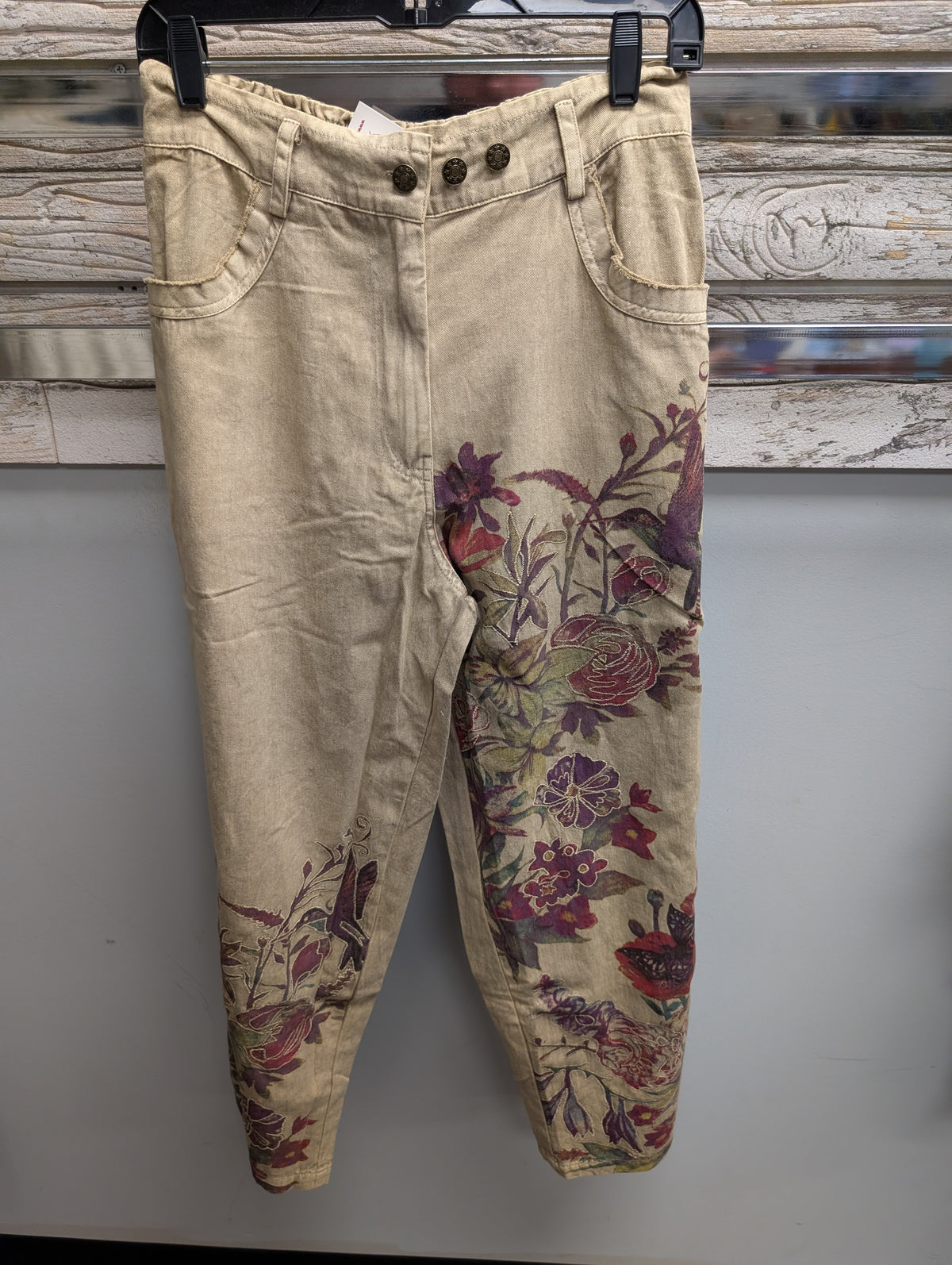 Paper Lace PL-G643P khaki floral and bird pants, front view