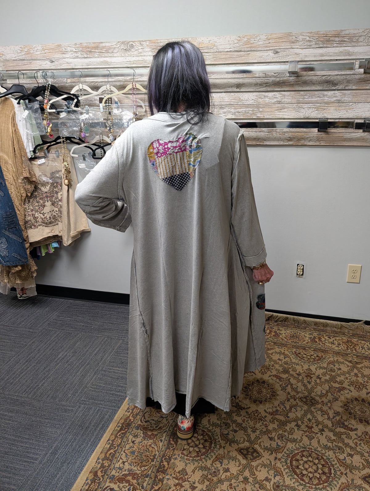 Paper Lace PL-G668J grey duster with large patchwork heart on back