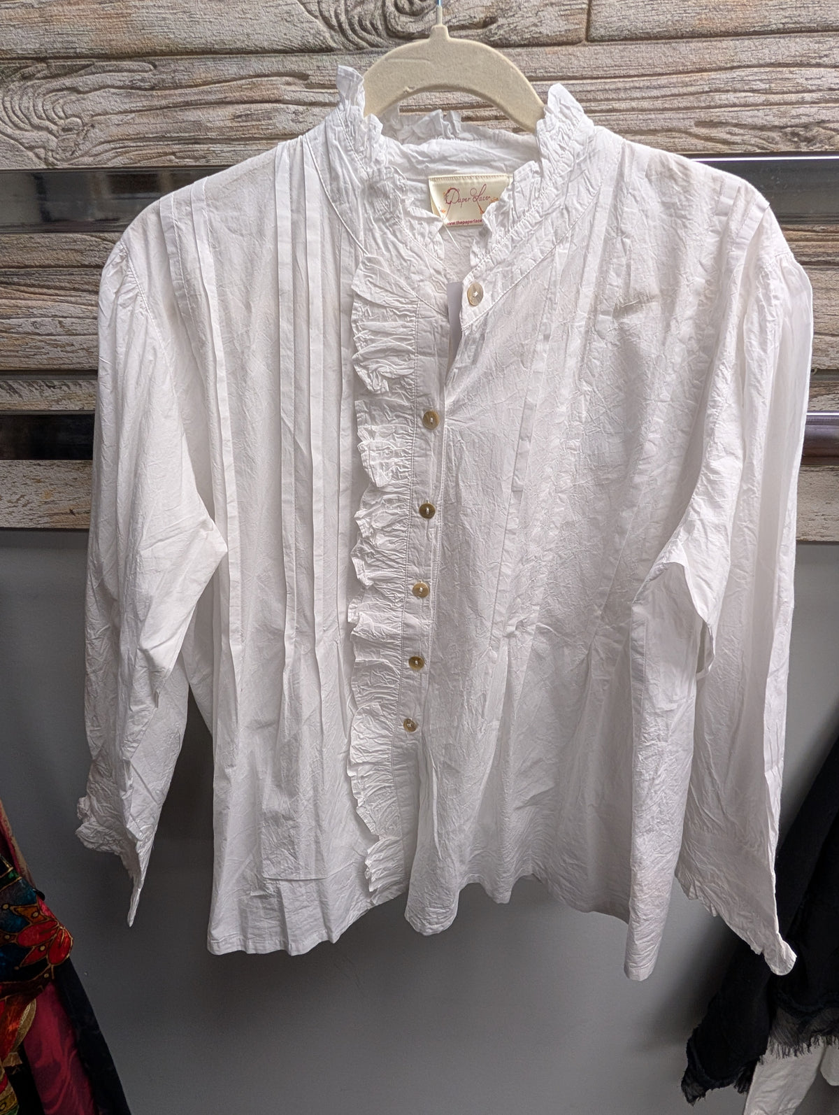 Paper Lace white cotton blouse with ruffled collar and pintuck details, front
